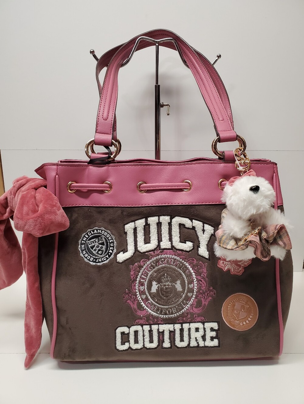 Juicy Couture Daydreamer Varsity Chocolate and Pink Logo Tote with Plush Charm